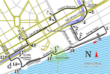 Map view of downtown Detroit with the race course lined out in black.