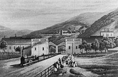 Ausfahrt eines Zuges aus dem Heidelberger Bahnhof, Lithografie aus dem Jahr 1842