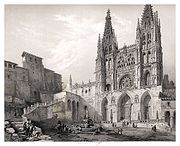 Facade of Saint Mary of the Cathedral of Burgos by painters Jenaro Pérez Villaamil and Charles Claude Bachelier in 1850, published in the work España artística y monumental.