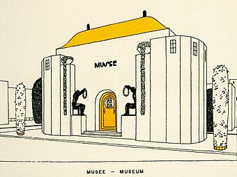Art Deco museum design, similar to Josef Hoffmann's Secessionist buildings, part of a series of sketches known as Une cité moderne, by Robert Mallet-Stevens (1922)