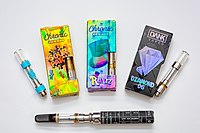 New York State Department of Health image showcasing a variety of THC vapes and packaging