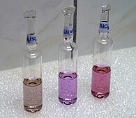 Neodymium compounds in fluorescent tube light—from left to right, the sulfate, nitrate, and chloride