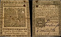 One Shilling note, colonial American money printed 1772