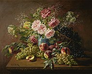 Nature morte avec fleurs, pêches et raisins (Still life with flowers, peaches and grapes), oil on canvas, 91.4 × 73.7 cm