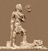 Outline of relief I (extracted). Beardless warrior with axe, trampling a foe. Sundisk above. A name "Zaba(zuna), son of ..." can be read.[35]