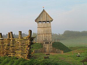 A reconstructed motte and tower at Lütjenburg, Germany.