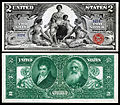 Robert Fulton and Samuel Morse depicted on the reverse of the 1896 $2 'Educational Series" Silver Certificate.