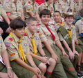 Image 1American Boy Scouts at summer camp in 2002. In the front row, the first three boys have made Eagle Scout and the 4th is one requirement away.