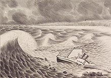 An illustration of the steamship Home breaking apart in shallow waters just off the beach. The Home is split in two, lying on its starboard side, and about to be struck by one particularly large wave.
