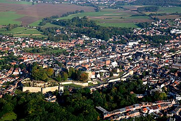 Aerial view of Binche with the palace ruins on the left