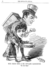 Exaggerated drawing of Bond, holding a tambourine, and another actor on tour.