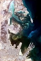 Tarut Bay, seen from the International Space Station; Ras Tanura is on the north side of the bay