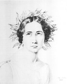 Drawing of a woman with dark hair wearing a flower crown