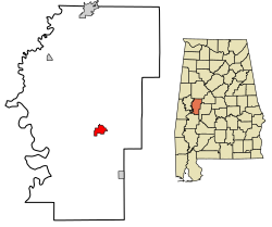 Location of Greensboro in Hale County, Alabama.