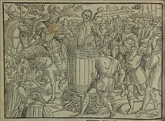 A sixteenth-century woodcut of John Badby being burned to death
