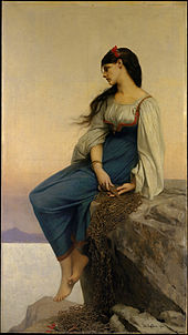 Oil painting of a young woman in a long, flow dress, sitting on a rock by a cliff and looking wistfully out to sea. Her right wrist has a manacle on it, and her hands play with a long length of chain beside her.