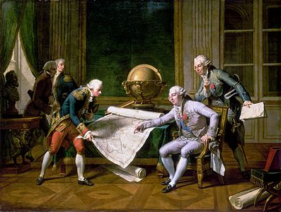 Louis XVI giving his instructions to La Pérouse, ship's captain for his voyage of exploration around the world, in the presence of the Marquis of Castries, Minister for the Navy, 29 June 1785 (1817), Versailles.
