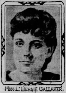 Grainy black-and-white head shot of a woman looking towards the camera. The photo has a caption printed beneath, reading "Miss L. Bernie Gallaher"