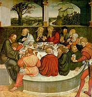 Protestant version by Lucas Cranach the Elder, 1547, central panel of altarpiece of St. Mary's Church, Wittenberg, Germany. 16th century