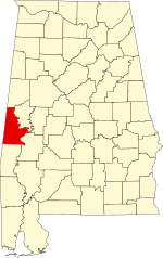 Map of Alabama highlighting Sumter County