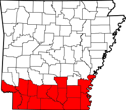 South Arkansas' 15 counties highlighted in red.