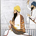 Miniature painting of Gurbaksh Singh Kanhaiya with a fly-whisk attendant. Family atelier of Purkhu of Kangra, ca.1785