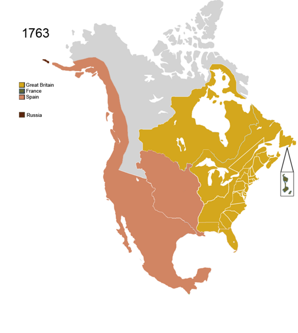 Map showing Non-Native American Nations Control over N America c. 1763