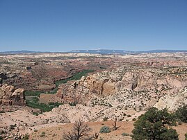 Escalante River gorge upstream from its confluence with Boulder Creek. The Aquarius Plateau is visible on the skyline.