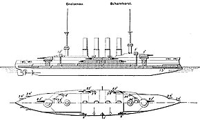 The ship had four smoke stacks between a pair of tall pole masts. A twin gun turret was positioned on either end of the superstructure, which bristled with guns
