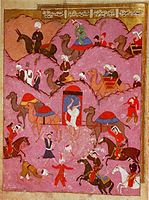 Murder of Ma'sum Beg, the envoy of the Safavid Shah Tahmasp, by Bedouin in the Hejaz, from the Şahname-ı Selim Han (folio 68a)