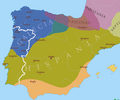 Image 43Iberian Peninsula c. 560. Suebi territory with its capital in Braga (blue); Visigothic territory with its capital in Toledo (green) (from History of Portugal)