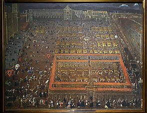 View of the Plaza Mayor (today Zócalo) in Mexico City (ca. 1695) by Cristóbal de Villalpando. The work shows the Viceroy's Palace still ruined by the 1692 riot in Mexico City. Corsham Court, England[10]