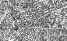 Victorian map of London marked with seven dots within a few streets of each other