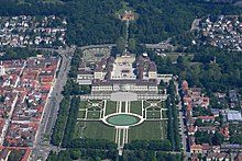 Aerial photograph of Ludwigsburg Palace, including some of its gardens and Schloss Favorite