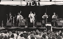 Mic Conway, centre, with the Conway Brothers Hiccups Orchestra, on stage at the 1989 Port Fairy Folk Festival, Australia
