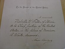 Paper on which Fuller's chief justice nomination is written.