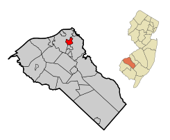 Map of Woodbury highlighted within Gloucester County Inset: Location of Gloucester County in New Jersey.