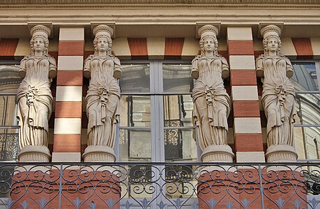 Neoclassical white terracotta caryatids of the Virebent Factory, Toulouse, France, by Auguste Virebent, 1840[26]
