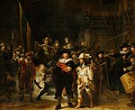 The Night Watch; by Rembrandt; 1642; oil on canvas; 3.63 × 4.37 m; Rijksmuseum (Amsterdam, the Netherlands)[159]
