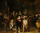 The Night Watch; by Rembrandt; 1642; oil on canvas; 363 × 437 cm; Rijksmuseum (Amsterdam, the Netherlands)