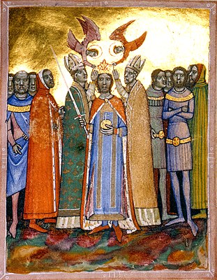 Chronicon Pictum, Hungarian, Hungary, King Saint Ladislaus, coronation, crown, orb, sword, angels, priests, bishops, Holy Crown of Hungary, medieval, chronicle, book, illumination, illustration, history