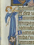 Player of a three-string vielle. Image in margin of Peterborough Psalter. Early 14th Century.