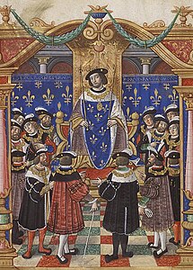 King Francis I presiding the Order's knights. Painting from a copy of the statutes from about 1530.