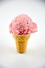 A strawberry ice cream cone