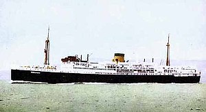 Postcard of TSMV Manunda in Adelaide Steamship Co. livery (buff funnel with black band at top), c.1930