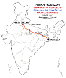 Indienkarte mit eingetragener Laufweg des Rajdhani Express in Nordindien.