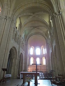 Rib vaults of Lessay Abbey (1098), restored to original form after World War II.