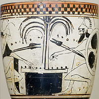 Achilles and Ajax play a game of dice on this early 5th-century BC lekythos, a type of oil-storing vessel associated with funeral rites