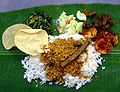 Image 16A typical serving of banana leaf rice. (from Malaysian cuisine)