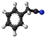 Ball-and-stick model of the benzyl cyanide molecule